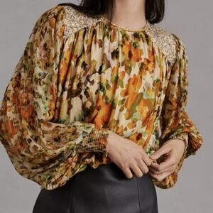 Anthropologie Blank London Blouse XS Mustard Yellow Floral Sequin Long Sleeve